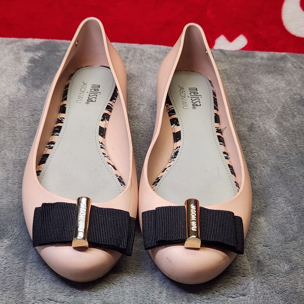 Melissa Jason Wu Ballet Flats Womens US 6 EU 37 Nude Pink Black Bow Slip On...